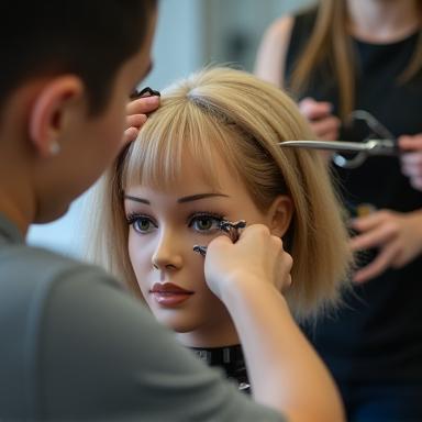 Student practicing cutting technique on a mannequin head under supervision