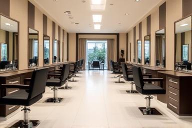 View of the elegant and modern main salon floor at L'Art de la Coiffure in Lyon