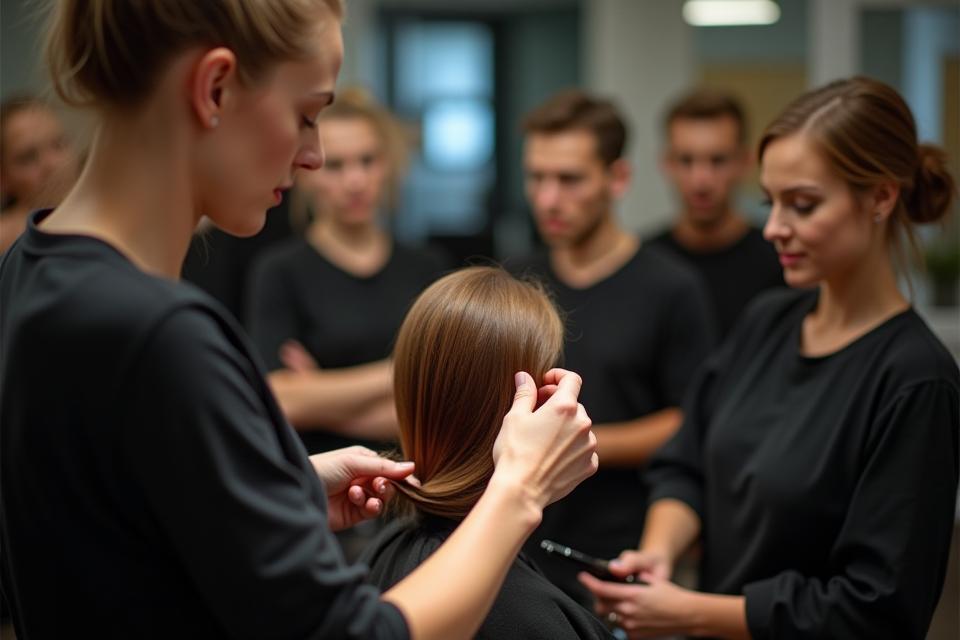 Hairdressing instructor demonstrating technique to students in a salon setting in Lyon